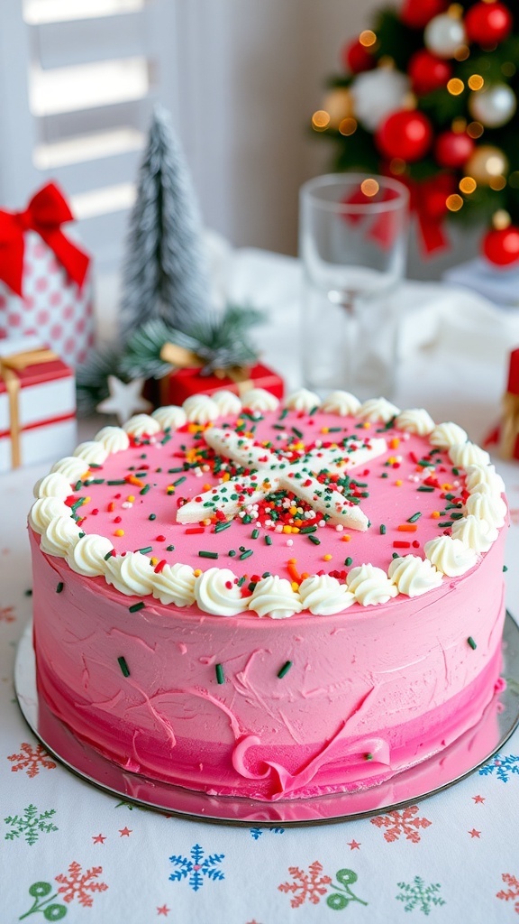 Pink Christmas Sheet Cake Recipe A pink Christmas sheet cake with white frosting and sprinkles on a festive table.
